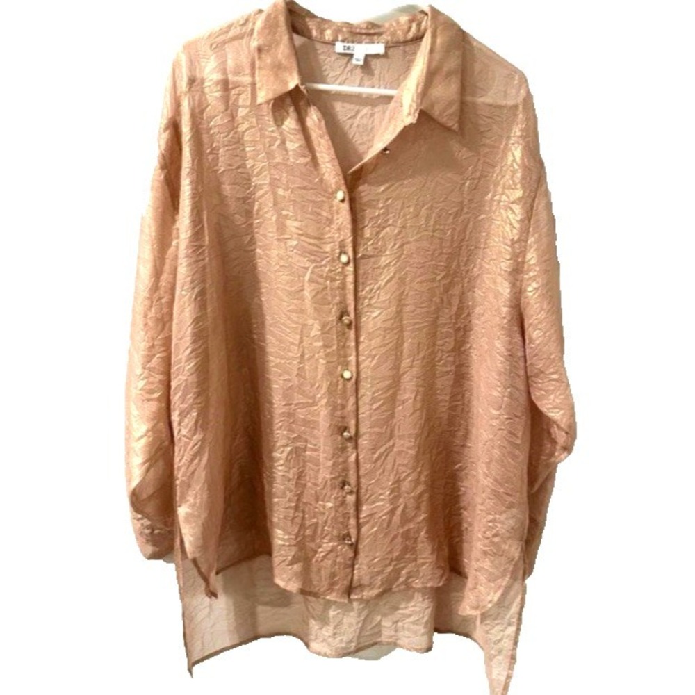 DR2 Rose Gold Metallic Crinkle Blouse Sheer Overshirt Evening Long Top Size L